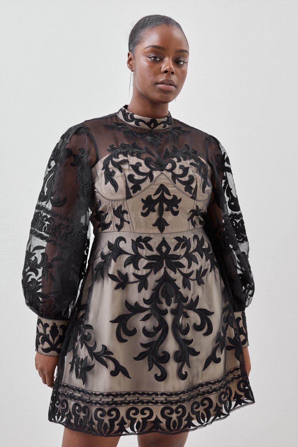Тканое мини-платье больших размеров в стиле барокко с аппликацией Karen Millen, черный