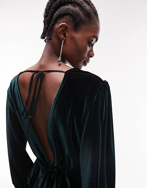 

Зеленое бархатное платье мини с баской Topshop