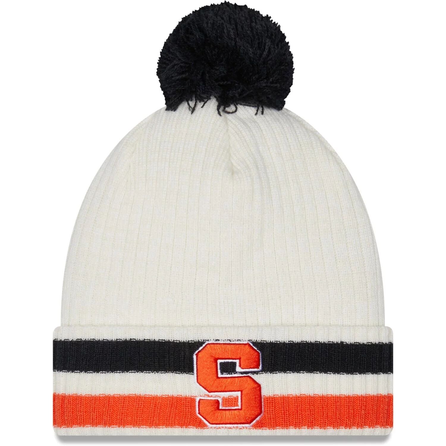 

Мужская вязаная шапка New Era White Syracuse Orange Retro с манжетами и помпоном