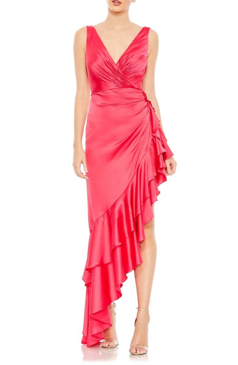 

Атласное платье с асимметричным подолом и оборками IEENA FOR MAC DUGGAL, ярко-розовый