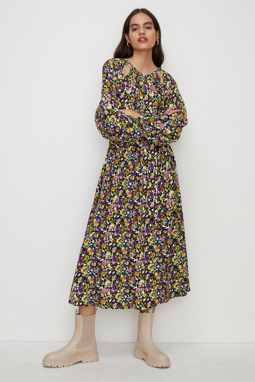 Платье-блузка с цветочным принтом и поясом Oasis, мультиколор блузка с цветочным принтом xs черный