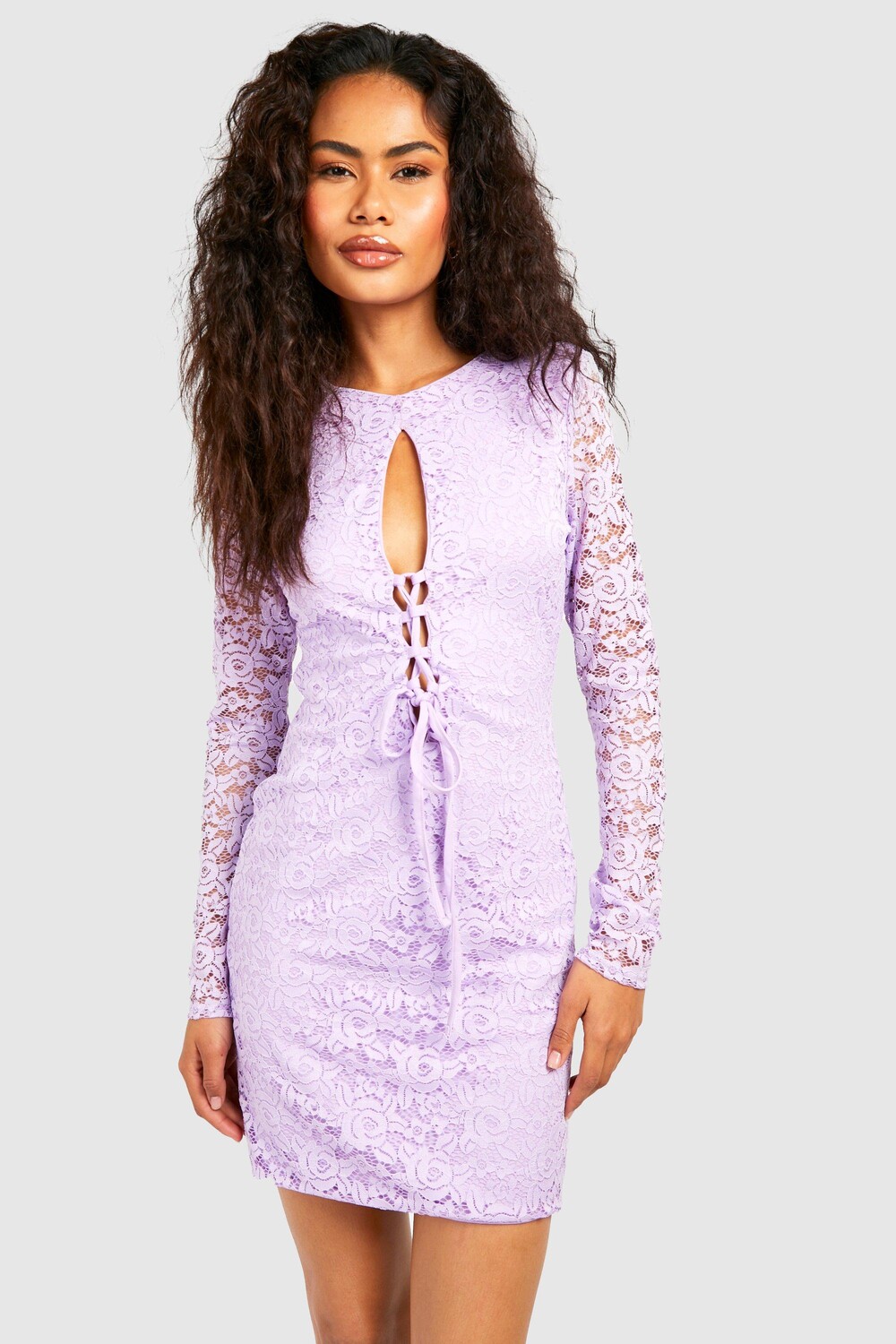 

Мини-платье с кружевным корсетом на шнуровке с длинными рукавами Boohoo, сиреневый, Фиолетовый