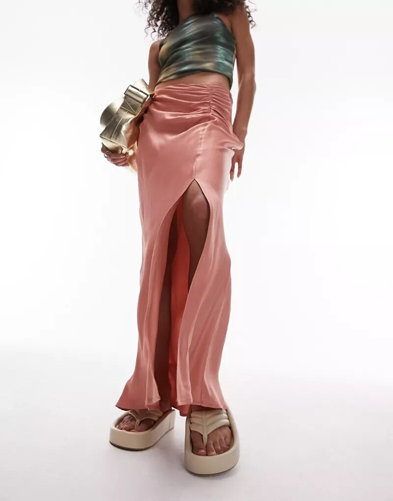 Розовая юбка макси со сборками по бокам Topshop