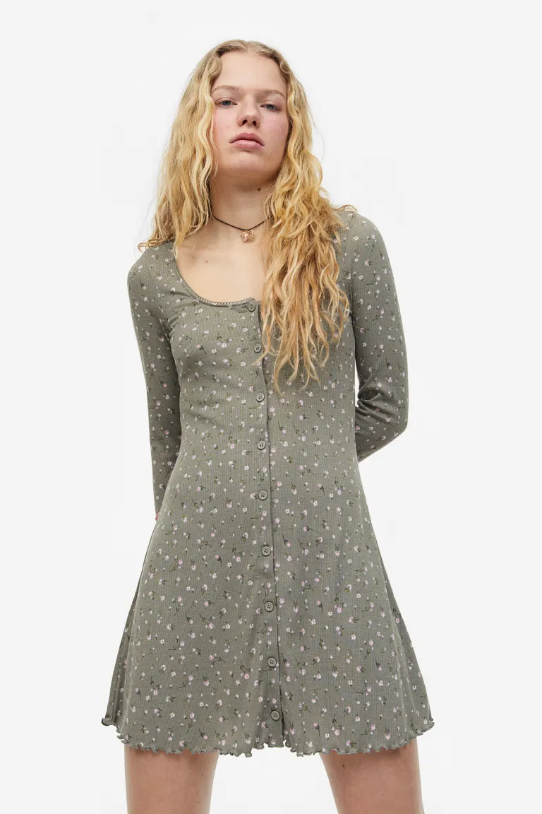 

Платье со сборками и кружевной окантовкой H&M, зеленый