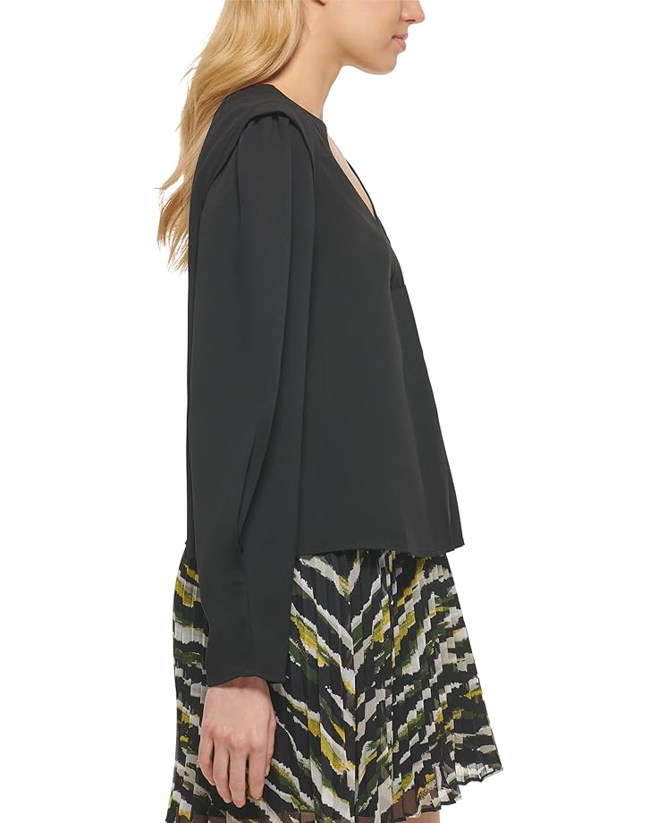 Блуза DKNY V-Neck Long Sleeve Blouse, черный plus size semi formal blouse black puff sleeve wrap neck long sleeve blouse
