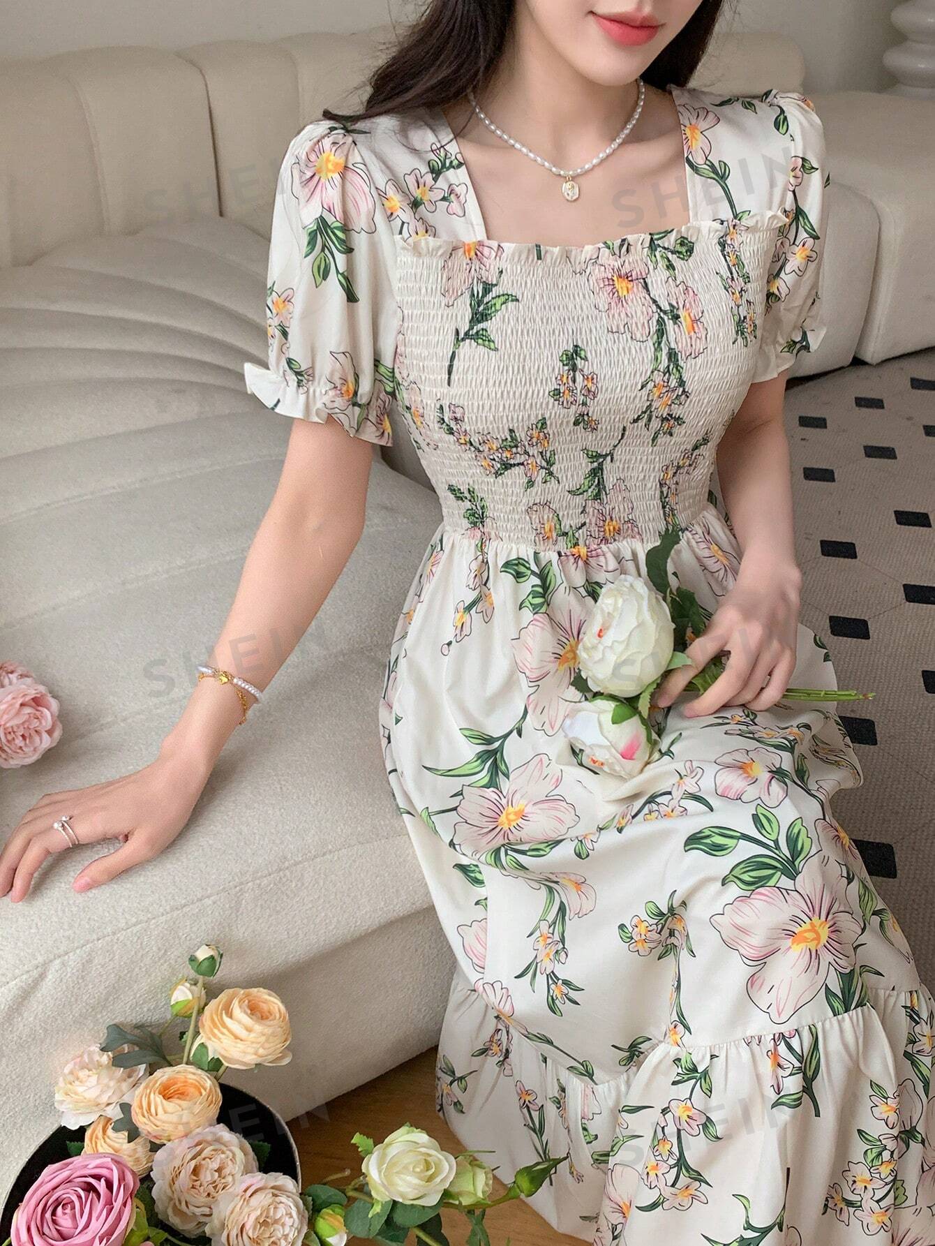 Платье с короткими рукавами и запахом DAZY с цветочным принтом, абрикос