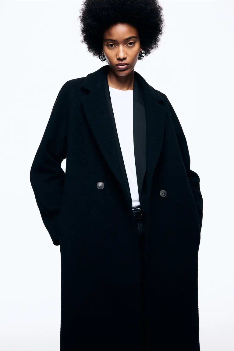 Двубортное пальто из смесовой шерсти H&M, черный
