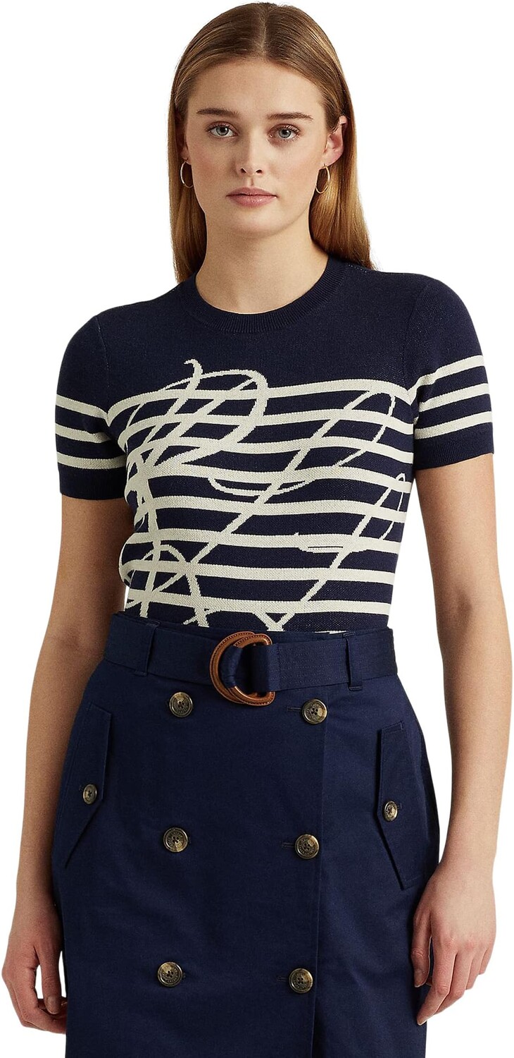 

Полосатый свитер с короткими рукавами и логотипом LAUREN Ralph Lauren, цвет French Navy/Mascarpone Cream