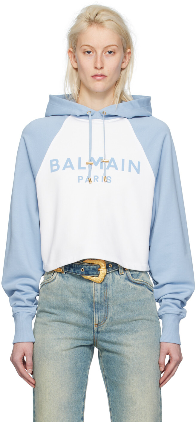 

Толстовка с капюшоном сине-белого цвета реглан Блан/Бле бледный Balmain