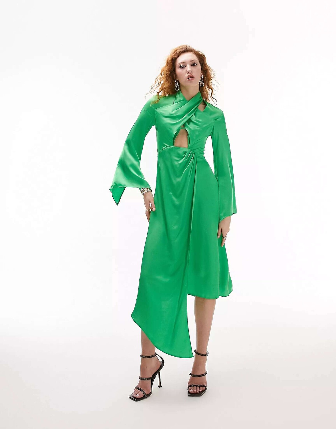 

Зеленое платье миди с бретельками и рифлеными рукавами Topshop, Зеленый