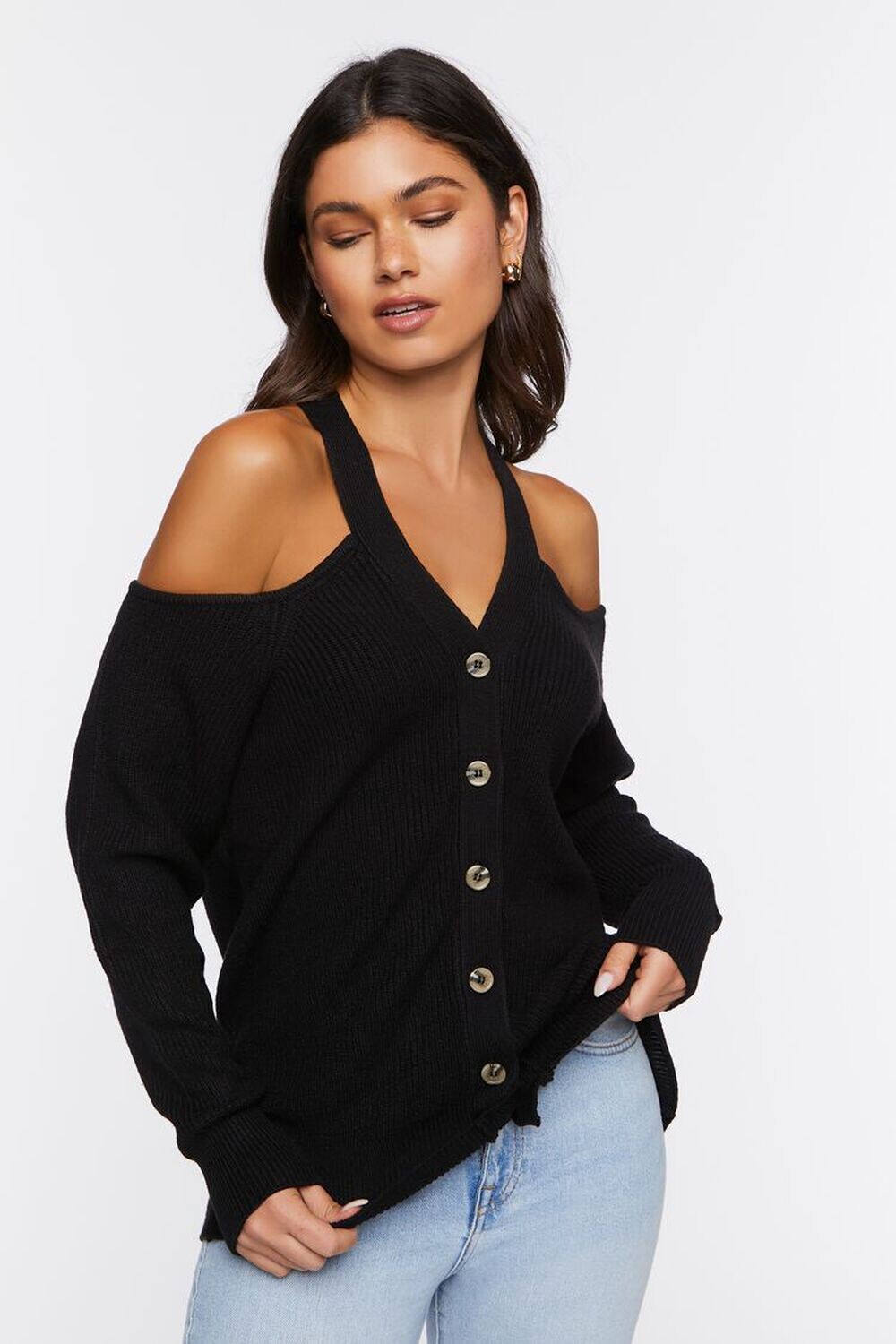 

Свитер с открытыми плечами и вязаный топ Forever 21, черный