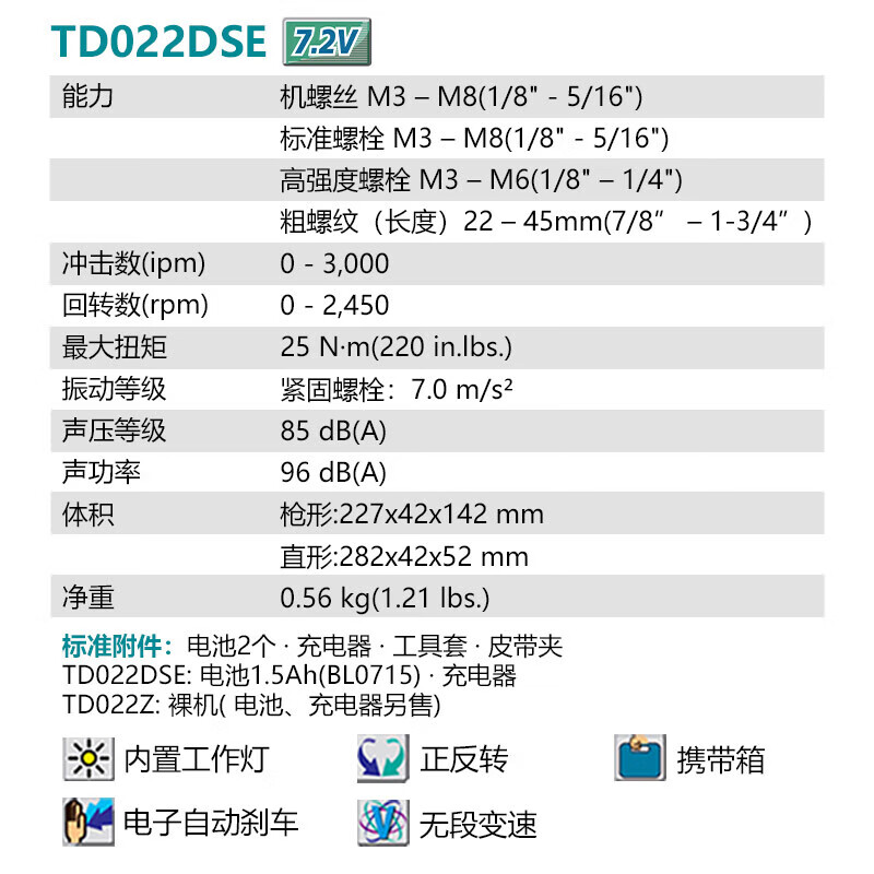 Makita TD022DSE аккумуляторная ударная отвертка складная с литиевой батареей 7,2 В 1,5 Ач, две батареи и одно зарядное устройство