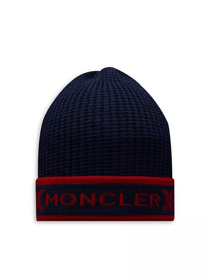 

Шерстяная шапка-бини с логотипом Moncler, темно-синий