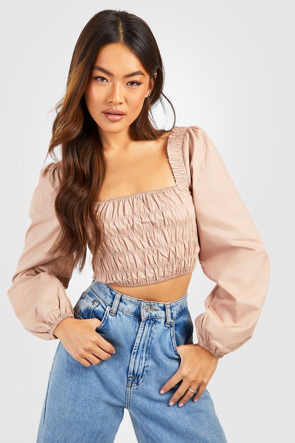 

Укороченный топ с ткаными союзами и рукавами-воздушными рукавами Boohoo, серо-коричневый