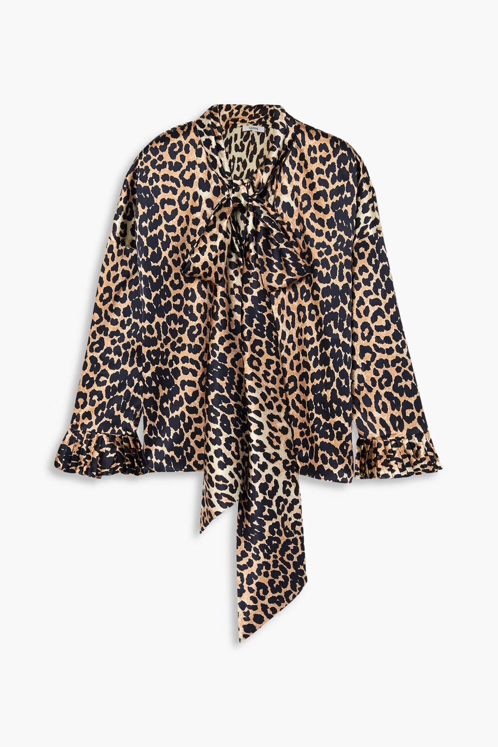 

Блуза из атласа с леопардовым принтом и бантиком Ganni, цвет Animal print