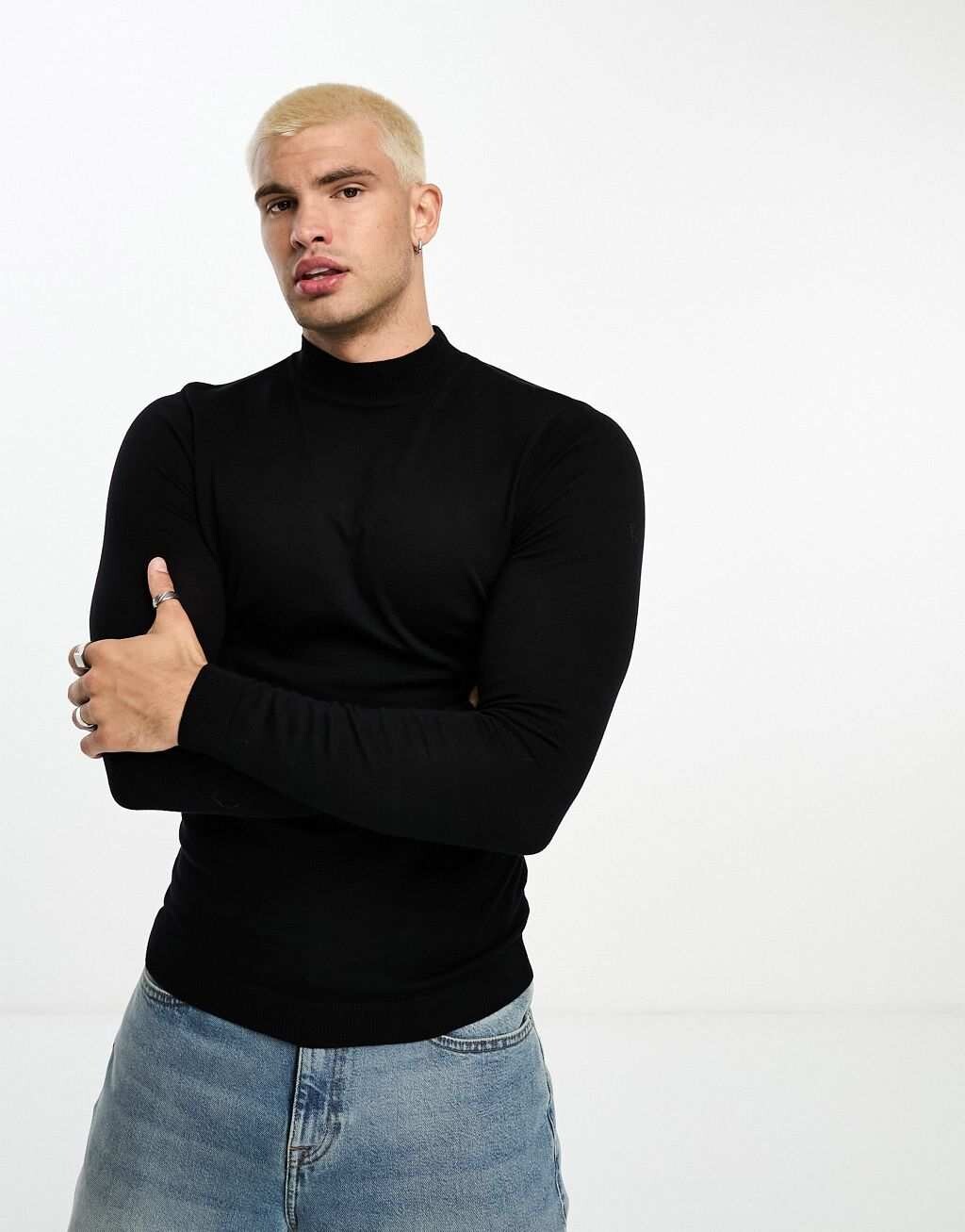 

Черный вязаный хлопковый джемпер с высоким воротником ASOS DESIGN