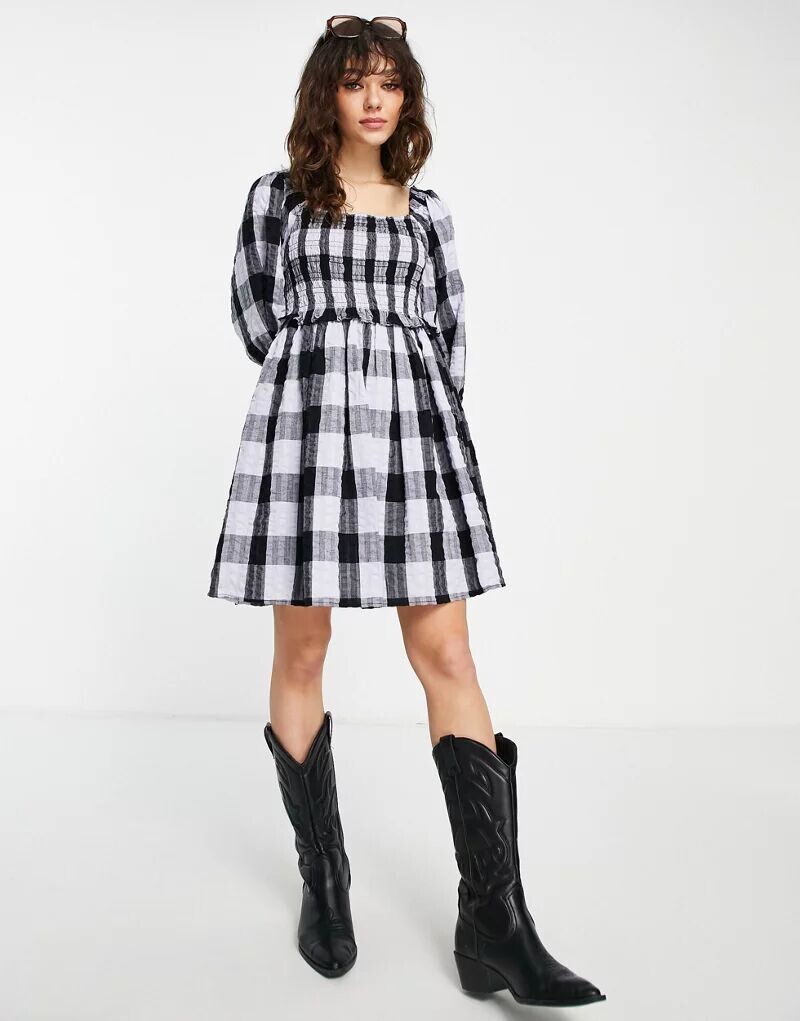

Синее платье мини из жатого хлопка со сборками и пышными рукавами Topshop