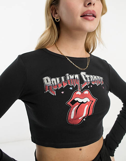 

Черная укороченная футболка с длинными рукавами и графическим принтом Rolling Stones Pull&Bear, Черный