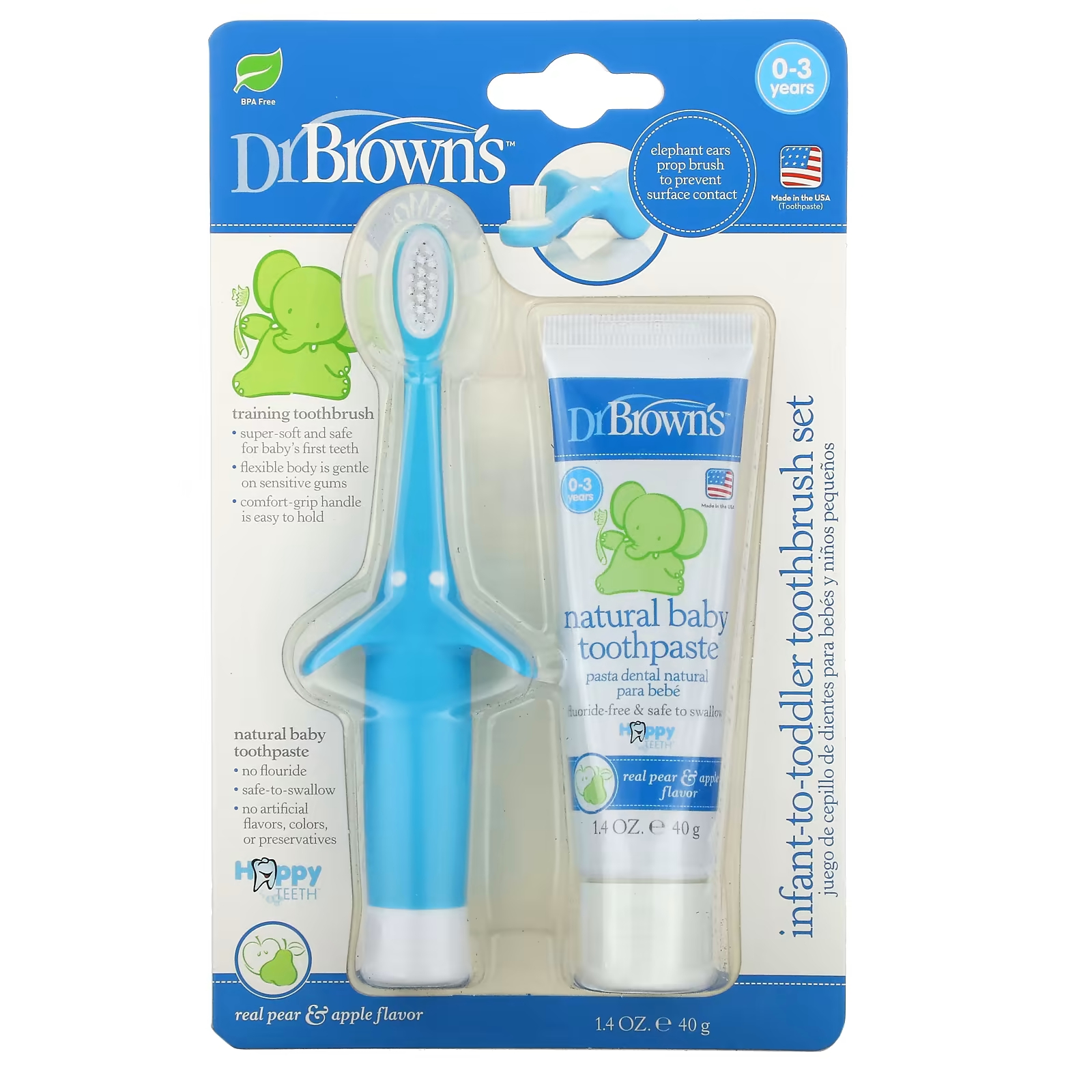 Зубная щетка и зубная паста Dr. Brown's для детей от 0 до 3 лет, синий цена и фото