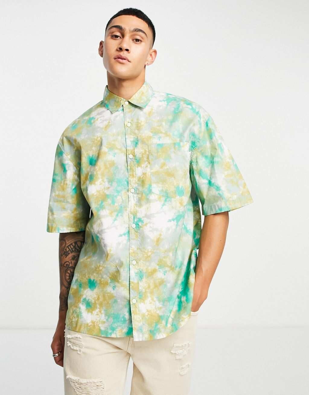 

Зеленая свободная рубашка с мраморным принтом Topman