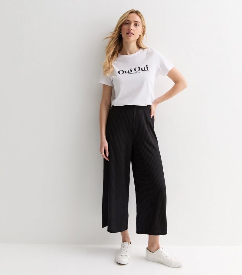 

Черные укороченные широкие брюки из джерси в рубчик New Look, черный