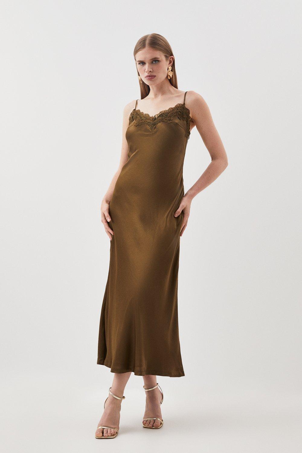 Атласное кружевное тканое платье мидакси Karen Millen, хаки