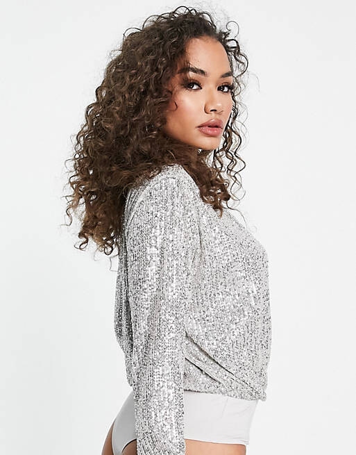 

Серебристое боди с пайетками ASOS DESIGN