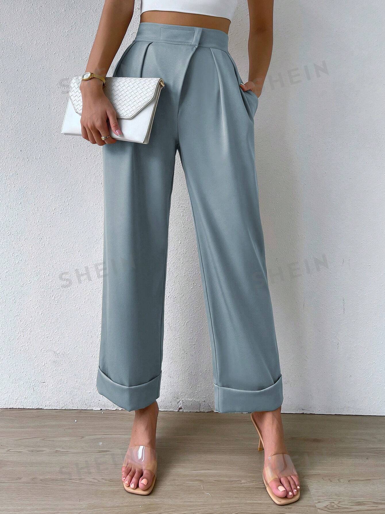 SHEIN Privé: женские длинные брюки со складками и карманами, синий shein ezwear женские тканые широкие брюки со складками и складками темно серый