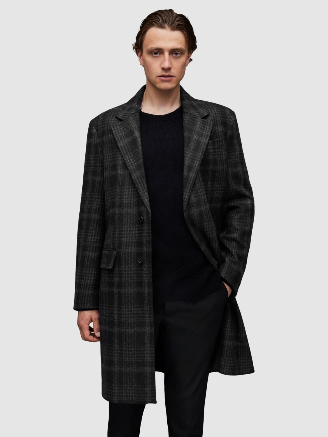 

Пальто Sargas в клетку из смесовой шерсти AllSaints, черный/серый