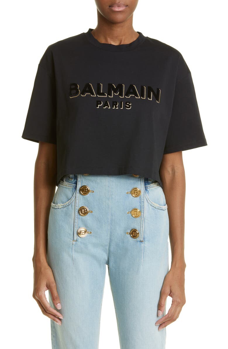 

Укороченная хлопковая футболка с металлическим логотипом BALMAIN, черный