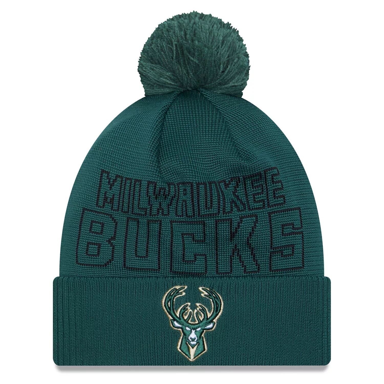 

Мужская вязаная шапка New Era Hunter Green Milwaukee Bucks 2023 NBA Draft с манжетами и помпоном