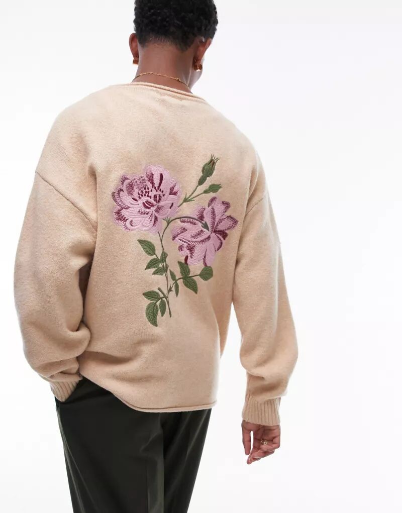Кардиган Topman каменно-бежевого цвета с цветочной вышивкой