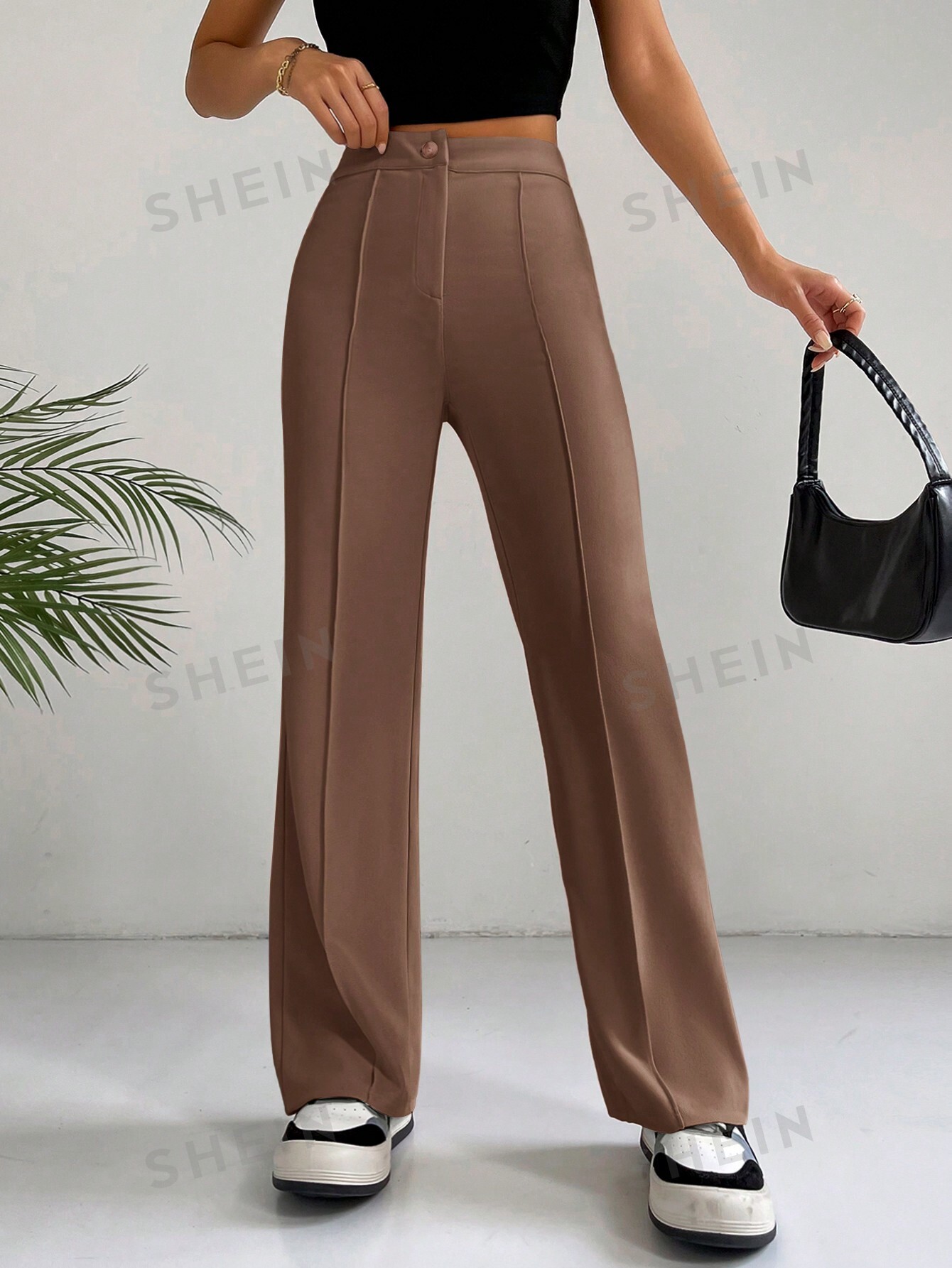 цена SHEIN EZwear Однотонные широкие брюки для повседневной, коричневый
