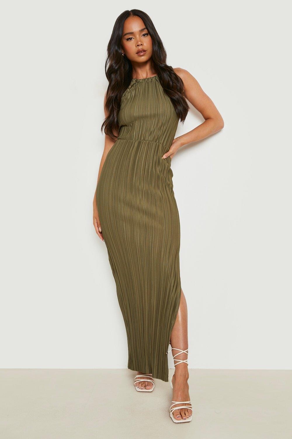 

Плиссированное платье макси с разрезом бедро Boohoo, хаки