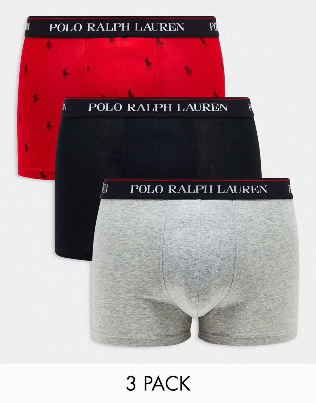 

Комплект из 3 плавок Polo Ralph Lauren серого, красного, черного цвета с логотипом в виде пони по всей поверхности