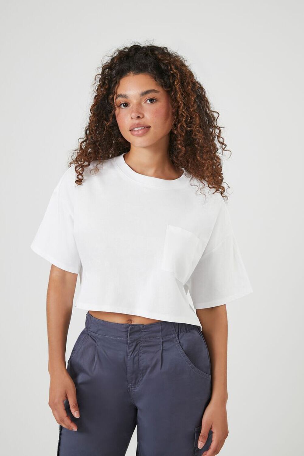 

Укороченная хлопковая футболка с круглым вырезом Forever 21, белый