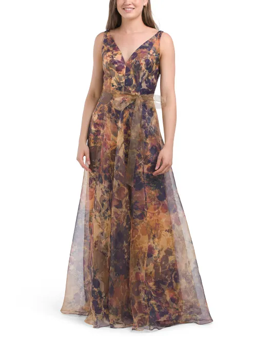 

Платье из органзы с V-образным вырезом и цветочным принтом Rene By Rene Ruiz, золотой