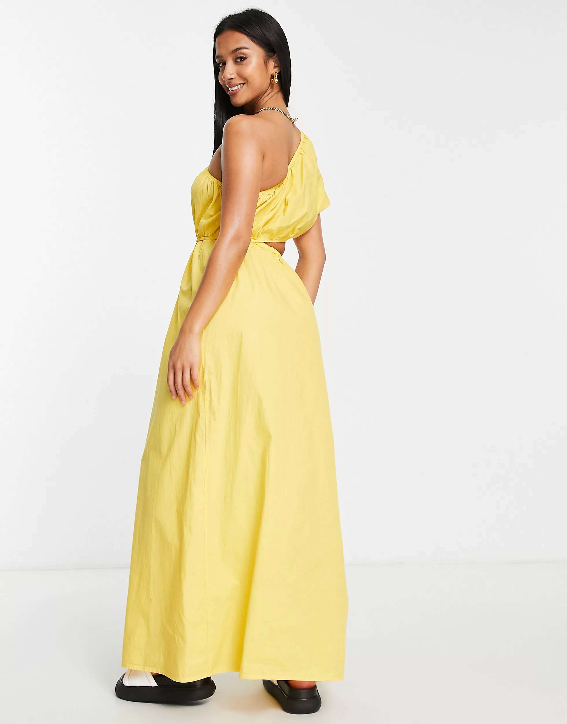 Vila Petite Эксклюзивное желтое платье миди на одно плечо с вырезом эксклюзивное мини платье на одно плечо с вырезом на одно плечо pieces petite сиренево желтым ретро платьем с цветочным принтом