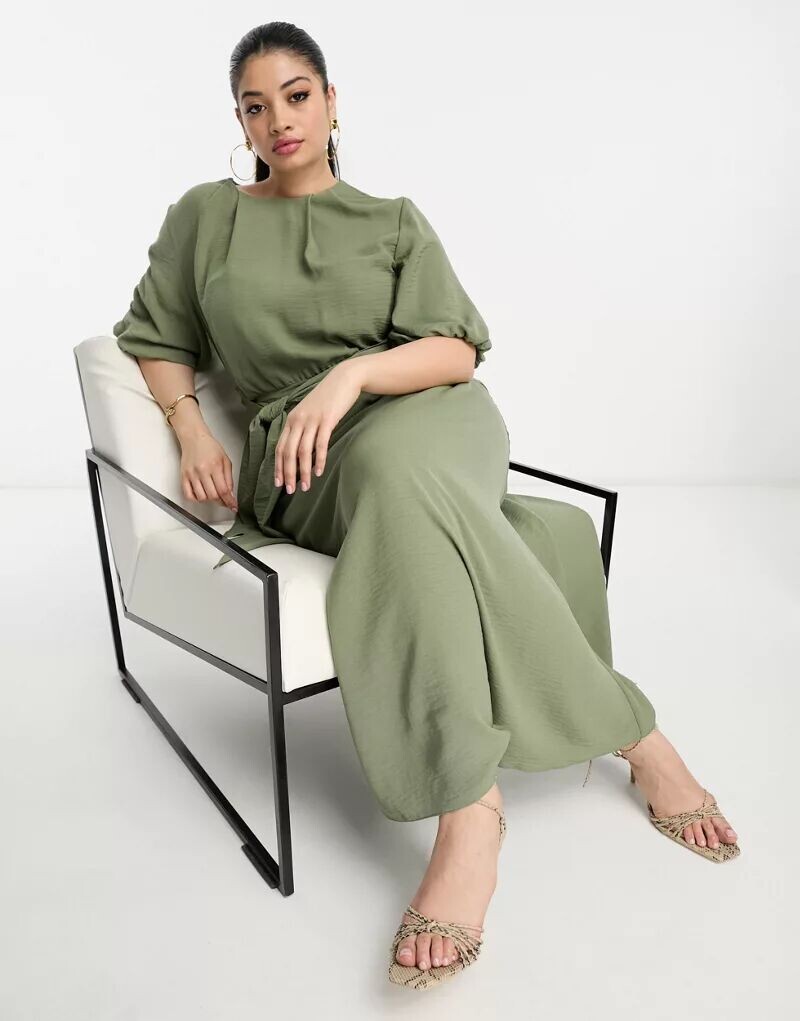 

Платье миди цвета хаки с пышными рукавами и завязкой на талии ASOS DESIGN Curve