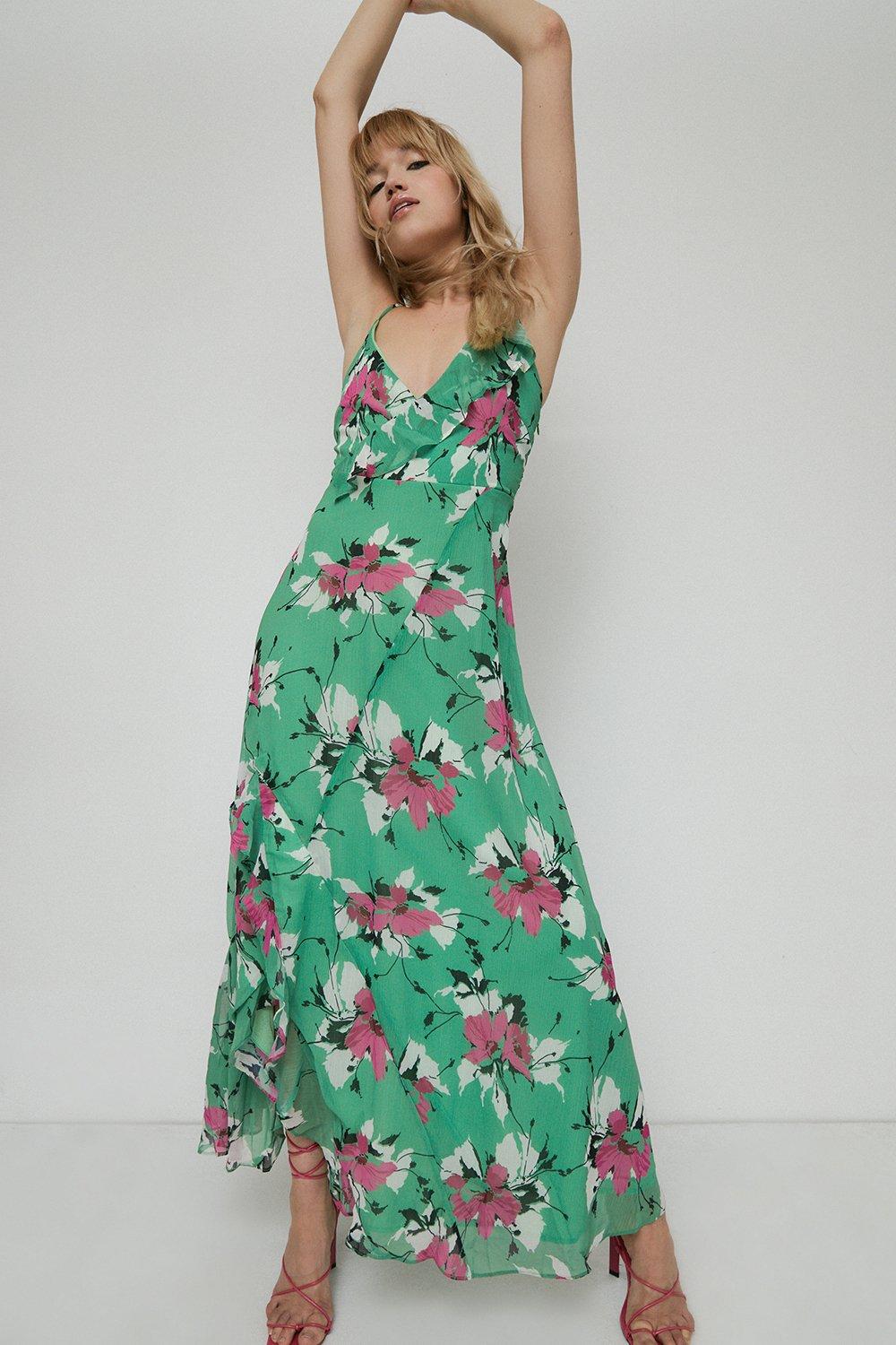 Платье макси с запахом Petite и бретелями с цветочным принтом Warehouse, зеленый цена и фото