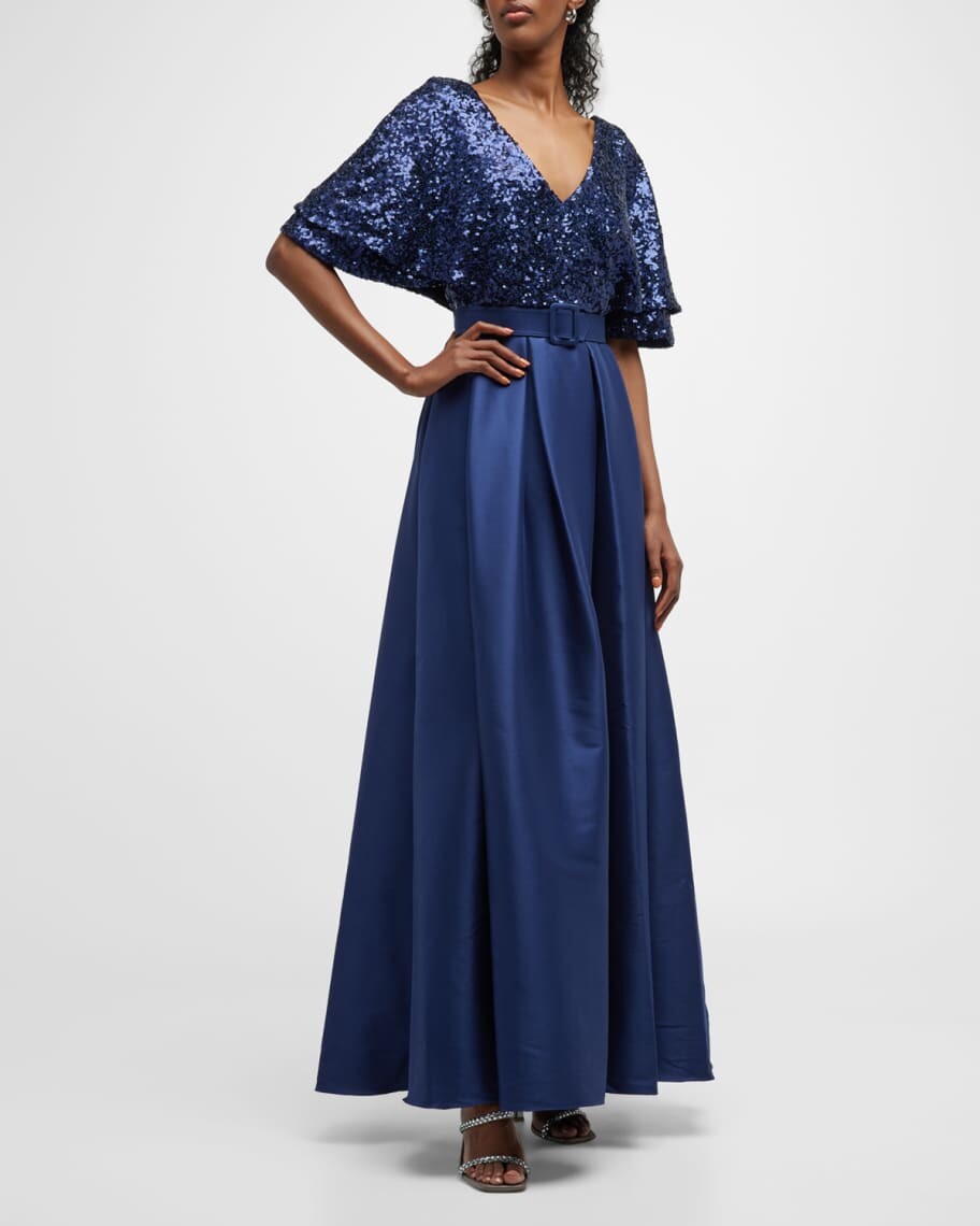 

Плиссированное платье с пайетками и пышными рукавами Badgley Mischka Collection