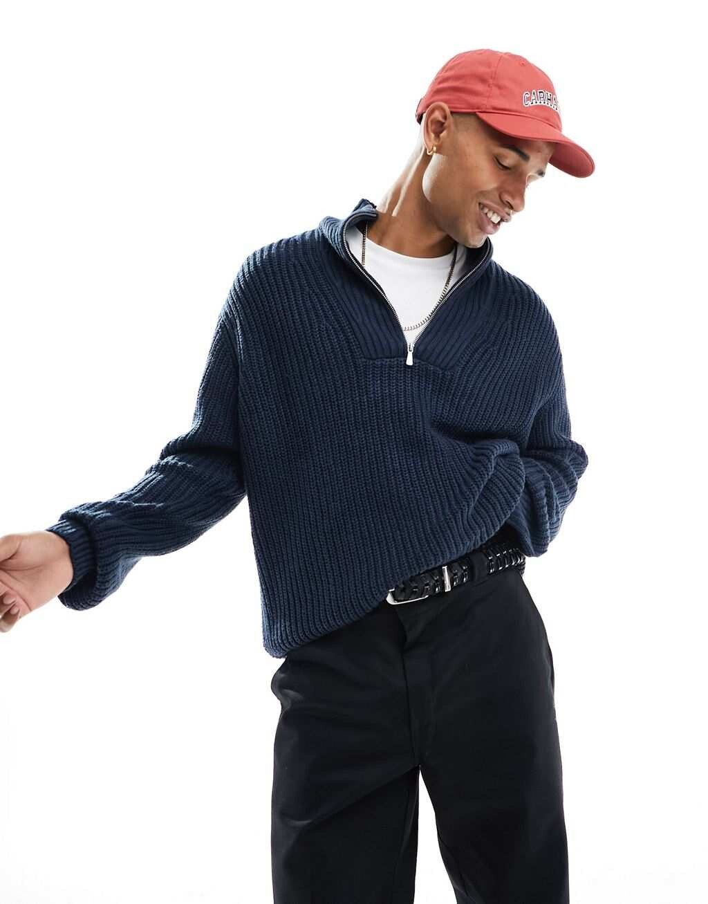 

Темно-синий вязаный джемпер в рубчик с молнией 1/4 ASOS DESIGN