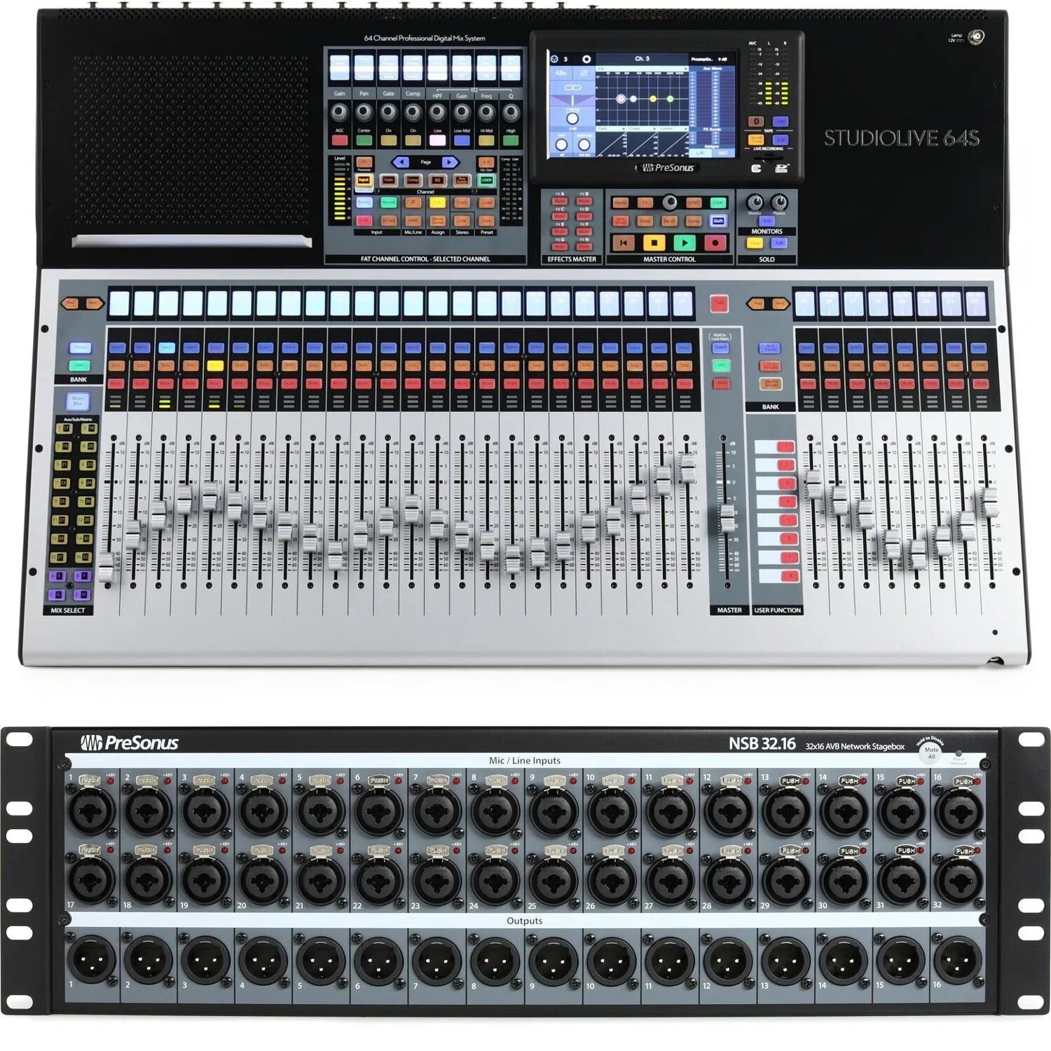 

Комплект 64-канального цифрового микшера PreSonus StudioLive 64S и сетевого сценического блока NSB32.16 AVB