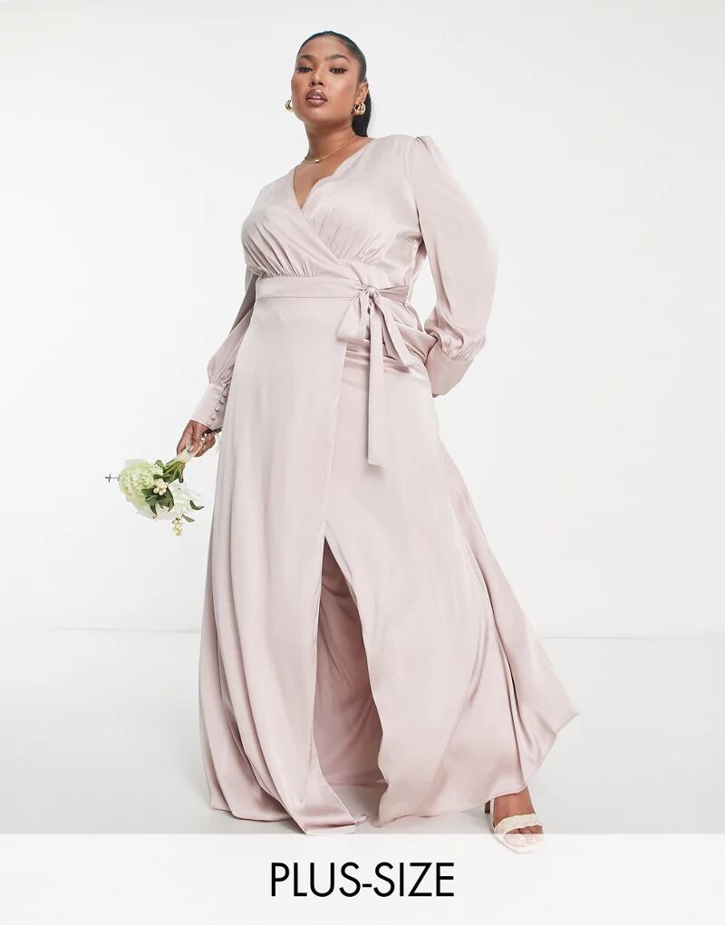 Атласное платье макси с длинными рукавами TFNC Bridesmaid норково-розового цвета