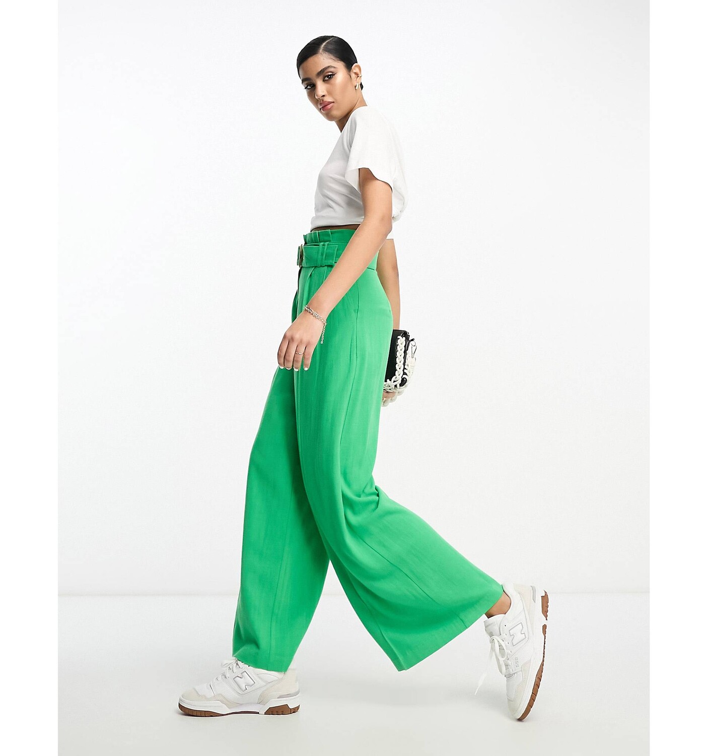 

Зеленые льняные широкие брюки с завышенной талией ASOS DESIGN paperbag, Зеленый