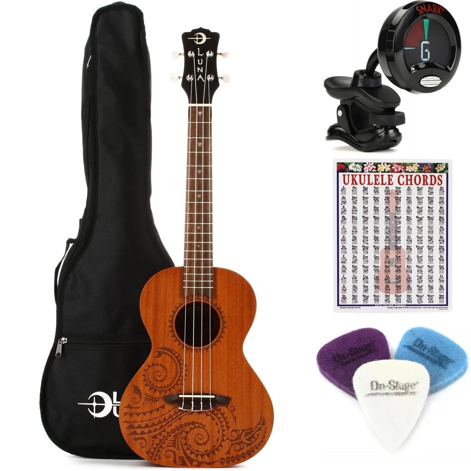 

Luna Tattoo Mahogany Тенор Укулеле Essentials Bundle - Satin Natural