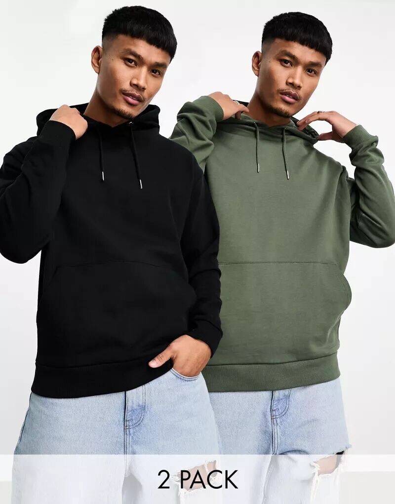

Набор из двух черных/зеленых объемных худи ASOS