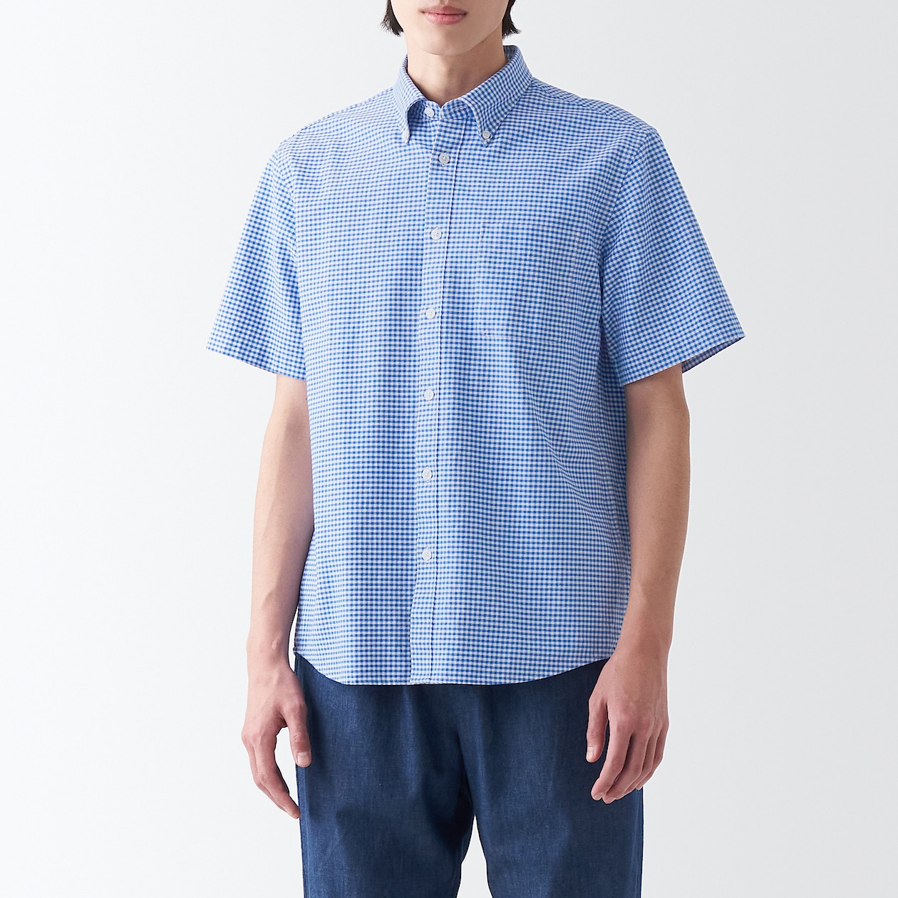 Стираная оксфордская рубашка на пуговицах с короткими рукавами MUJI, синяя клетка