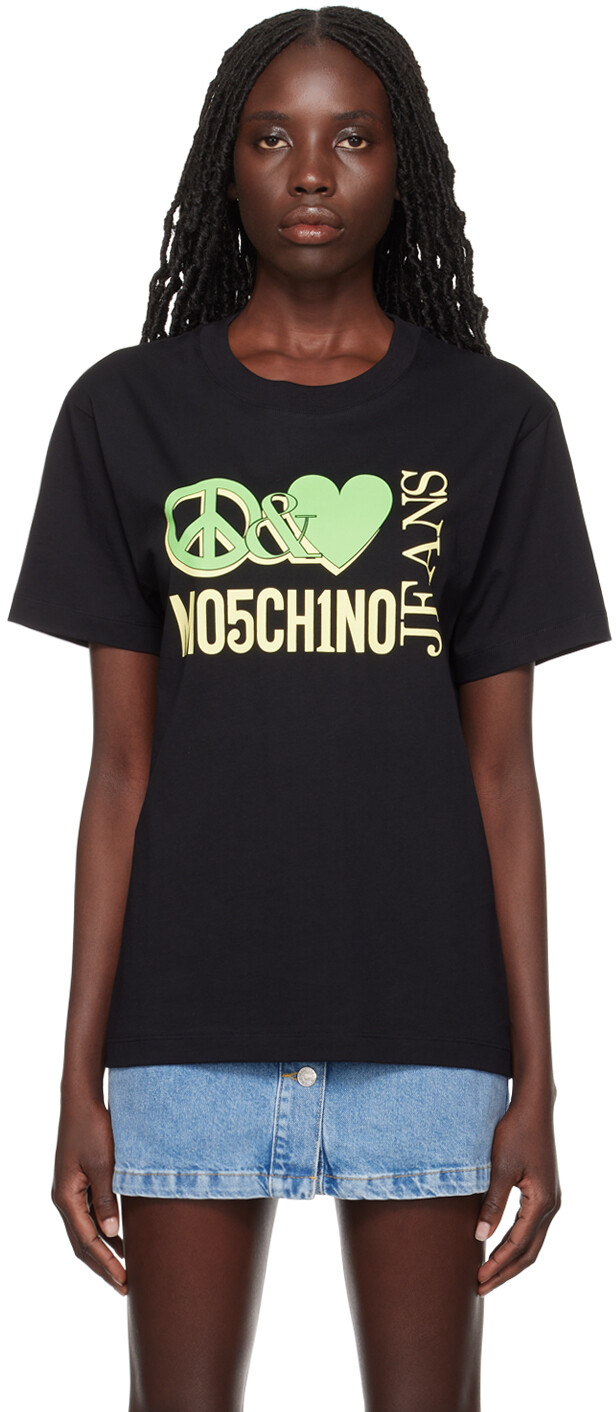 

Черная футболка с надписью «Peace & Love» Moschino Jeans
