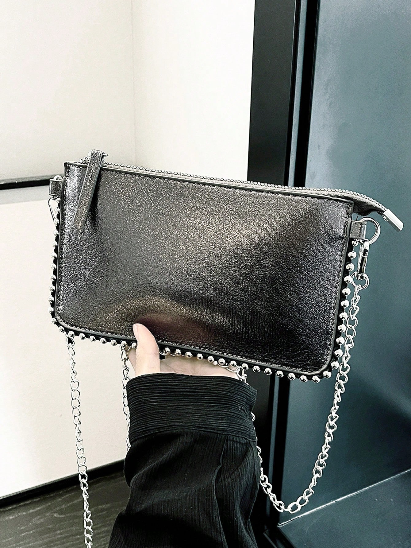 Женская сумка на цепочке из бисера с плечевым ремнем, темно-серый